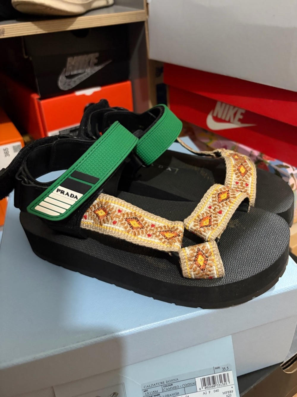 Prada Black Platform Sandals with Green Ankle Strap and Embroidered Beige Straps